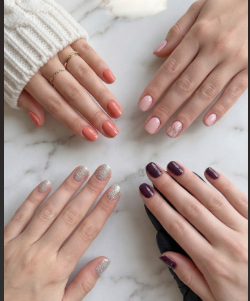 25 Short Fall Nail Ideas for 2026: Chic, Simple & Trendy Designs Short fall nail ideas 2026 showcasing a four-quadrant grid of short, rounded nails featuring glossy coral-peach, minimalist light pink with a silver bow accent, fine iridescent silver glitter, and deep glossy plum.