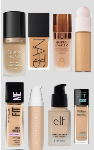 20 Types of Makeup and Their Uses: A Complete Beginner’s Guide Collection of popular liquid foundation bottles from brands like Too Faced, NARS, Charlotte Tilbury, Rare Beauty, Maybelline, Fenty Beauty, and e.l.f.