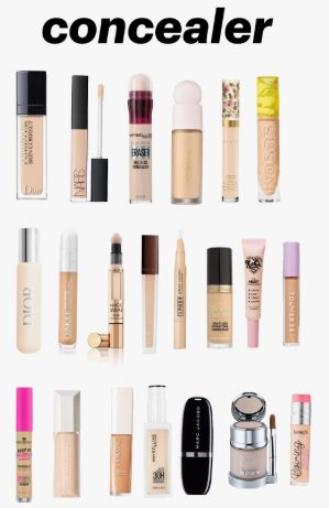 20 Types of Makeup and Their Uses: A Complete Beginner’s Guide Collection of popular concealer tubes and bottles featuring brands like Dior, NARS, Maybelline, Rare Beauty, Kosas, and Clinique for types of makeup and their uses.