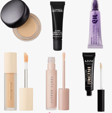 20 Types of Makeup and Their Uses: A Complete Beginner’s Guide Collection of popular eyeshadow primers and bases from brands like MAC, Urban Decay, Rare Beauty, Fenty Beauty, and NYX for types of makeup and their uses.