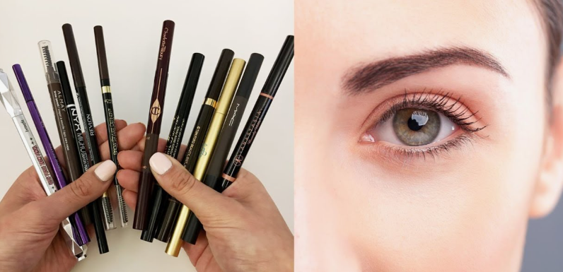 20 Types of Makeup and Their Uses: A Complete Beginner’s Guide Selection of eyebrow pencils and pens held in hands next to a close-up of a filled-in eyebrow for types of makeup and their uses.