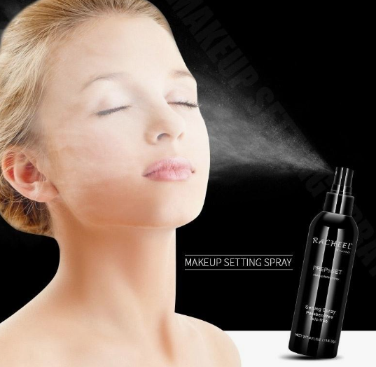 20 Types of Makeup and Their Uses: A Complete Beginner’s Guide Woman having makeup setting spray mist applied to her face for types of makeup and their uses.