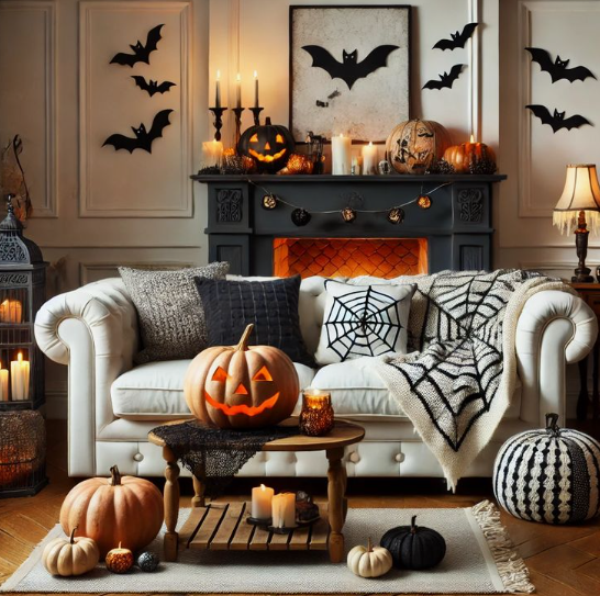 A dark charcoal mantel featuring the keyphrase Halloween decor ideas for indoor spaces styled with glowing jack-o'-lanterns, lit pillar candles, and a central bat silhouette art piece.
