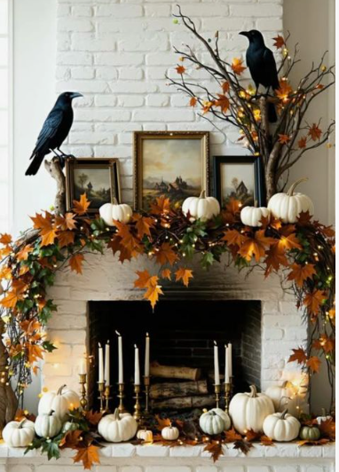 A lush autumn garland draped across the brick mantel, interwoven with fall leaves, twinkling fairy lights, and bare branches showcasing Halloween decor ideas for indoor spaces