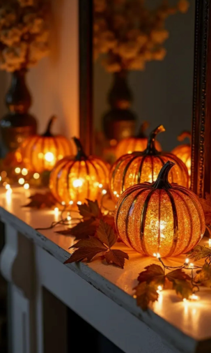 A glowing collection of mercury glass or lit orange pumpkins positioned along the white mantel, showcasing striking Halloween decor ideas for indoor spaces.