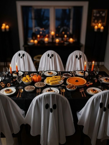 Ghost Chair Covers: White sheet chair covers styled with cute black felt ghost faces, creating playful and whimsical Halloween decor ideas for indoor spaces.