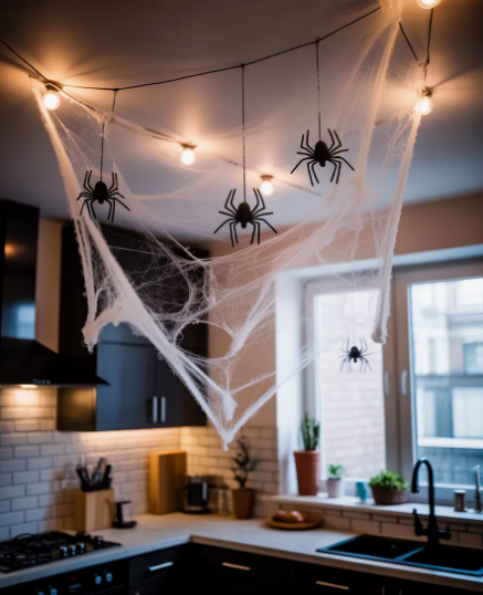 Stretchable artificial white spiderwebs draped dramatically across the kitchen ceiling lights, showcasing striking Halloween decor ideas for indoor spaces.