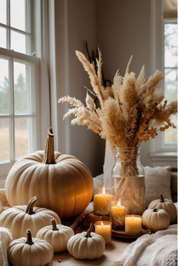 A tall glass vase filled with fluffy dried pampas grass and botanical stems, showcasing elegant Halloween decor ideas for indoor spaces.