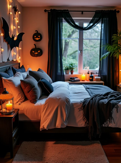 A warmly lit bedroom with a comfortable bed layered with neutral pillows and dark blankets, featuring inviting Halloween decor ideas for indoor spaces.