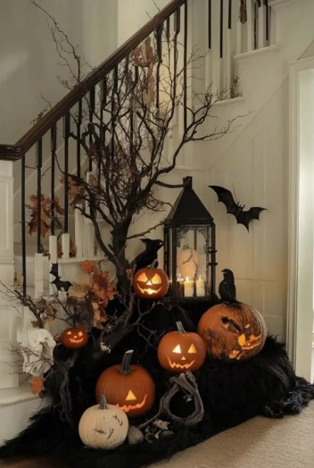 A dramatic Halloween display at the base of a wooden staircase featuring glowing jack-o'-lanterns and black fabric draping, embodying Halloween decor ideas for indoor spaces.