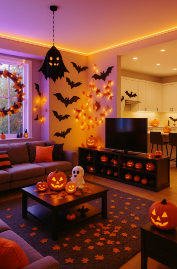 A creative black ghost-shaped pendant lamp hanging from the ceiling, adding a whimsical touch to Halloween decor ideas for indoor spaces.