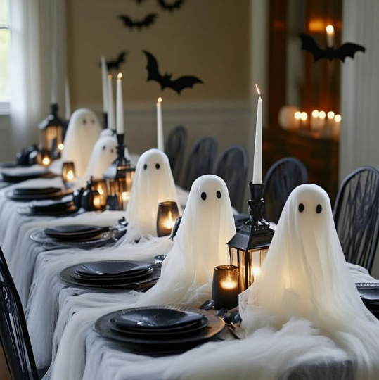 Glowing white sheet ghosts with minimal black felt faces placed along a long dining table, creating delightful Halloween decor ideas for indoor spaces.
