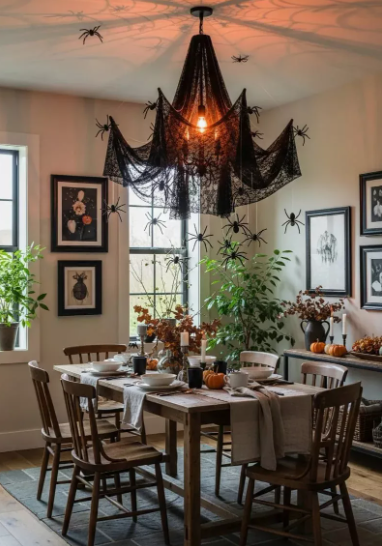 A grand chandelier wrapped in spooky black web fabric and scattered with creepy crawly spiders, making a striking centerpiece for Halloween decor ideas for indoor spaces.