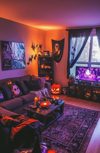 A cozy living room illuminated with warm orange and purple accent lighting, casting a festive glow ideal for Halloween decor ideas for indoor spaces.