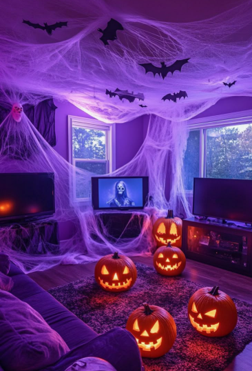 Extensive white spider webbing stretching across the ceiling and down the walls, dotted with black bat silhouettes to create immersive Halloween decor ideas for indoor spaces.