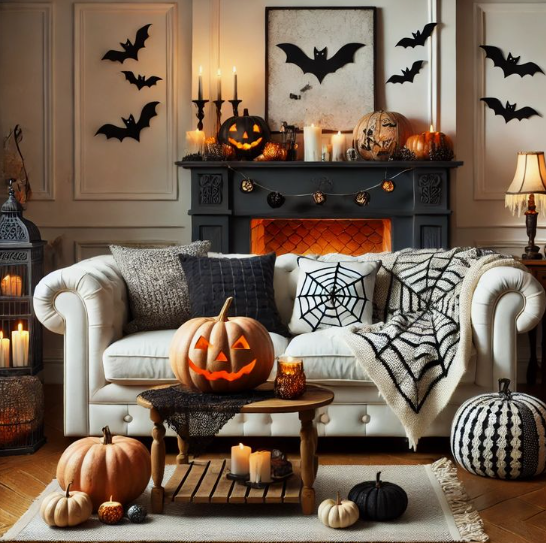 A dark fireplace mantel styled with carved pumpkins, glowing candles, and a framed bat artwork, flanked by swarming black bat decals on the walls, making stunning Halloween decor ideas for indoor spaces.