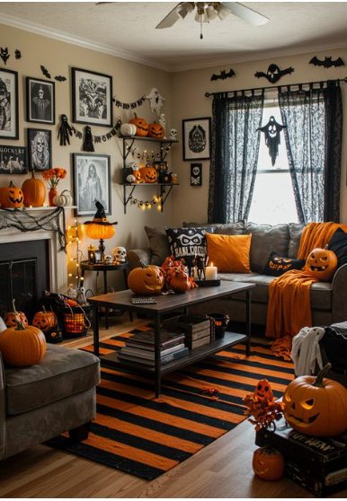 A cozy living room featuring a gothic gallery wall and dark lace window drapes showcasing Halloween decor ideas for indoor spaces.