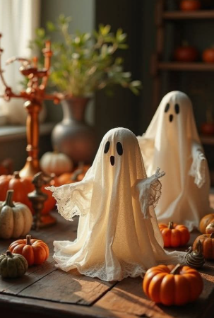 Two charming handmade cheesecloth ghosts with lace-trimmed sleeves standing on a wooden table, creating adorable Halloween decor ideas for indoor spaces.