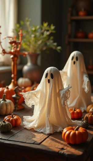 Two charming handmade cheesecloth ghosts with lace-trimmed sleeves standing on a wooden table, creating adorable Halloween decor ideas for indoor spaces.