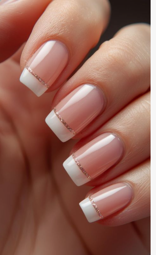 18 Back-to-School Nail Designs for a Fresh Start This School Year Close-up of classic back-to-school nail designs featuring a traditional French manicure with clean white tips separated by a thin, sparkling rose gold glitter line.