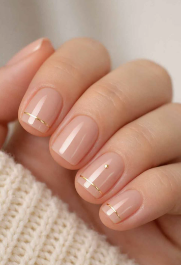 18 Back-to-School Nail Designs for a Fresh Start This School Year Close-up of minimalist back-to-school nail designs featuring short, natural nude nails accented with a thin metallic gold line near the cuticle and a tiny gold stud.