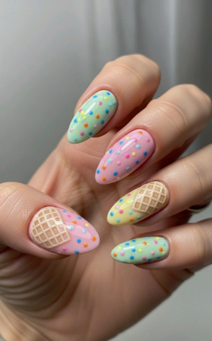 18 Back-to-School Nail Designs for a Fresh Start This School Year Close-up of playful back-to-school nail designs featuring almond-shaped nails with pastel bases, colorful raised polka dots, and textured waffle cone patterns resembling ice cream scoops.