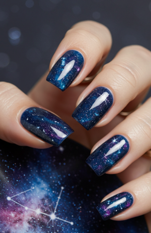 18 Back-to-School Nail Designs for a Fresh Start This School Year Close-up of stunning back-to-school nail designs featuring a deep navy blue galaxy and star-studded celestial pattern with shimmering purple, blue, and white sparkles.