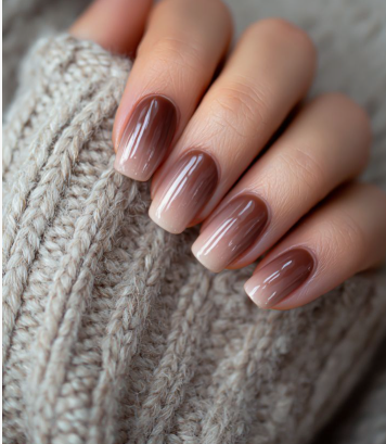 18 Back-to-School Nail Designs for a Fresh Start This School Year Close-up of cozy back-to-school nail designs featuring short, square nails with a smooth brown gradient ombré effect fading from deep espresso brown tips into soft nude bases.
