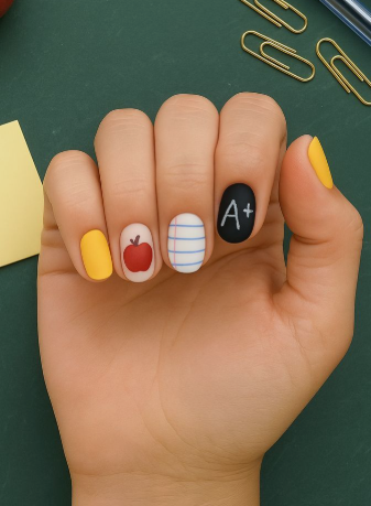 18 Back-to-School Nail Designs for a Fresh Start This School Year Close-up of vibrant back-to-school nail designs featuring a matte finish with a mix of solid yellow nails, a red apple accent nail, a notebook paper pattern nail, and a black chalkboard nail marked with an A-plus.