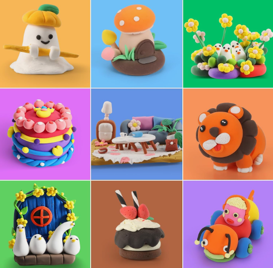 A colorful grid collage displaying various air dry clay ideas, including miniature pastel cakes, cute animals, tiny houses, and whimsical DIY sculptures.