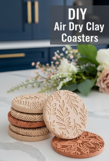 A stack of handmade air dry clay ideas featuring round, neutral-toned coasters with carved botanical and leaf patterns.