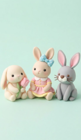 Three adorable handmade clay bunnies featuring a lop-eared bunny with a tulip, a bunny in a pink dress with a bow, and a grey rabbit, highlighting charming air dry clay ideas for animal figurines.