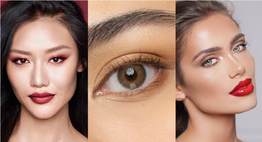 A triptych of three close-up beauty portraits showcasing Spring 2026 makeup trends.