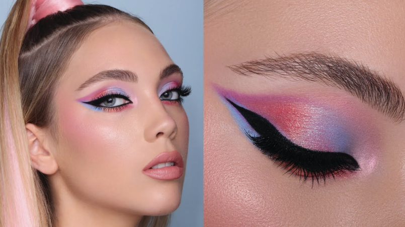 A dual-panel beauty photo showcasing Spring 2026 makeup trends, featuring a model with pastel pink and blue eyeshadow, sharp black winged liner, and a close-up macro eye view.