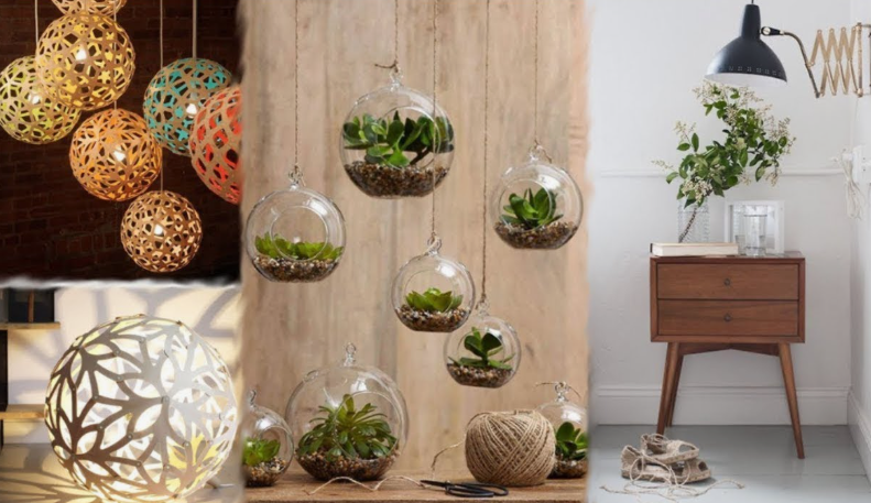 10 DIY Dorm Room Decor Ideas on a Budget That Look Amazing DIY dorm room decor ideas on a budget featuring various creative hanging crafts, including glowing pierced sphere lamps, hanging glass terrariums with succulents and pebbles, and a mid-century modern wooden nightstand setup.