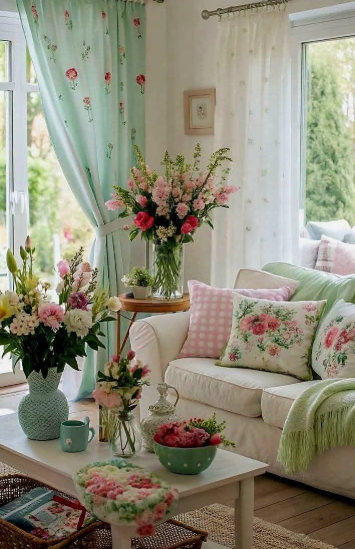 Spring living room decor with pastel floral cushions, fresh flowers, greenery, and light curtains