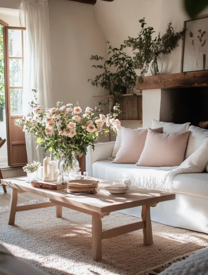 Spring living room decor with fresh flowers, greenery, soft pastel cushions, and natural wood accents
