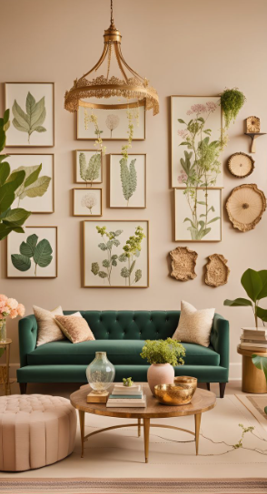 spring living room decor featuring a jewel-toned green velvet sofa and botanical gallery wall
