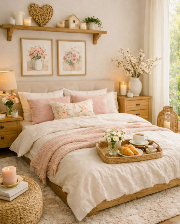 25 Best Spring Living Room Decor Ideas for a Fresh & Cozy Home spring living room decor featuring a cozy neutral bed styled with soft pink accent pillows and a draped knit blanket