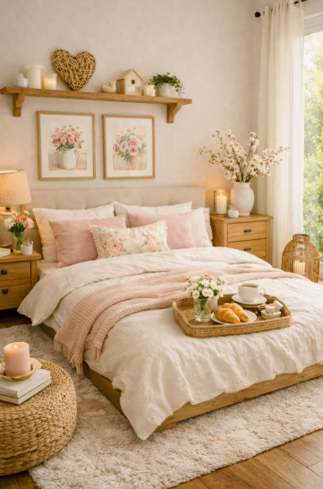spring living room decor featuring a cozy neutral bed styled with soft pink accent pillows and a draped knit blanket
