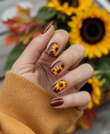 24 Sunflower Nail Ideas for a Bright, Cheerful Manicure sunflower nail ideas featuring rich brown glossy nails contrasted with hand-painted yellow and black sunflower art accents.