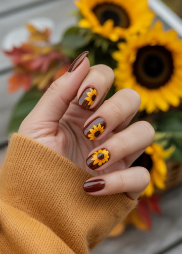 sunflower nail ideas featuring rich brown glossy nails contrasted with hand-painted yellow and black sunflower art accents.