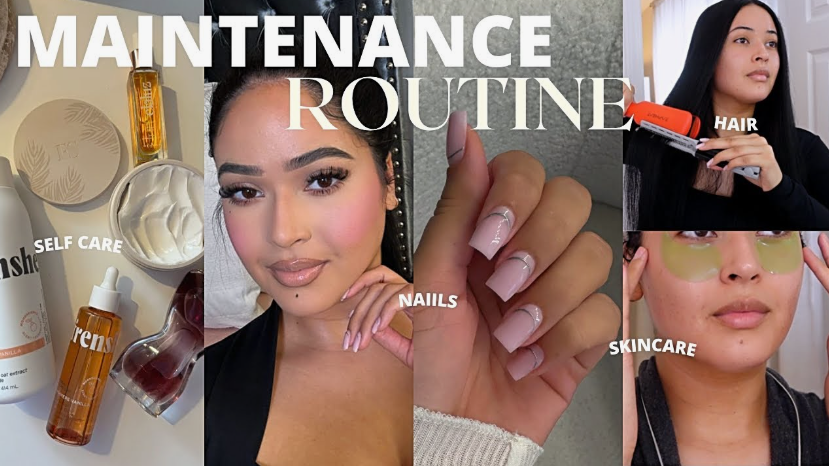 Low Maintenance Beauty Routine: A Simple 5-, 10-, and 15-Minute System A collage illustrating a low maintenance beauty routine featuring skincare products, manicured nails, hair styling, and self-care essentials.