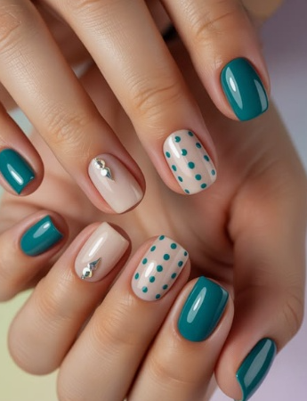 35 Short Nail Designs That Make Your Fingers Look Longer A close-up of short, squoval nails featuring teal green polish, accent polka dot patterns, and delicate rhinestone gems on a neutral base, serving as one of the short nail designs that make your fingers look longer.