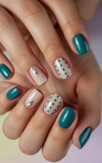 A close-up of short, squoval nails featuring teal green polish, accent polka dot patterns, and delicate rhinestone gems on a neutral base, serving as one of the short nail designs that make your fingers look longer.