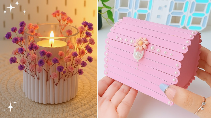 50+ Easy DIY Crafts to Sell and Make Extra Money Easy DIY crafts to sell: A split-screen image showing a floral candleholder on the left and a pink craft-stick treasure chest on the right.