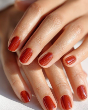 30 Short Nail Designs That Look Chic, Classy & Expensive Short nail designs featuring glossy, rich terracotta-red polish on clean, rounded short nails.