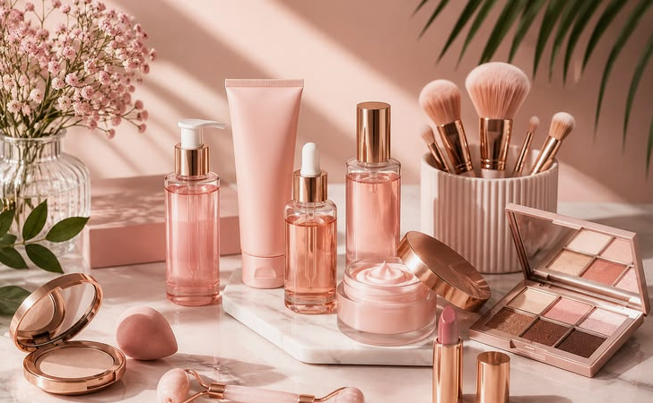 Flat lay of aesthetic beauty products worth buying featuring an assortment of pink-themed skincare, makeup palettes, brushes, and accessories arranged on a marble surface.