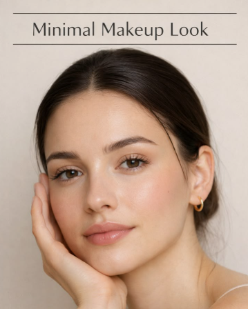 A close-up portrait of a woman with natural skin resting her face in her hand, featuring the title "Minimal Makeup Look" at the top.