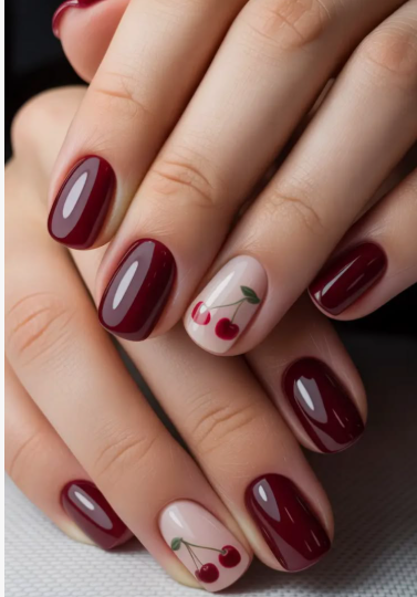 A close-up of hands displaying a manicure with short, rounded nails painted in a glossy deep maroon or burgundy polish, featuring a nude accent nail on each hand decorated with tiny red cherry illustrations with green stems.